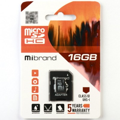 Карта памяти microSDHC UHS-1 Mibrand 16GB class 10 (MICDHU1/16GB-A) + adapter SD