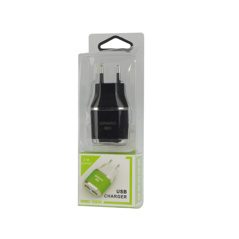 Адаптер мережевий 220В 5V 2.1A/1.0A USB 2 порти чорний
