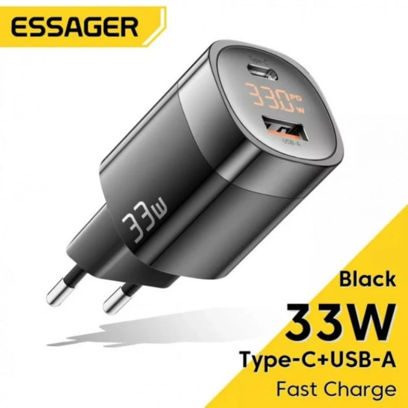 Адаптер сетевой Essager 33W  JT-P18 USB-C+USB-A с дисплеем