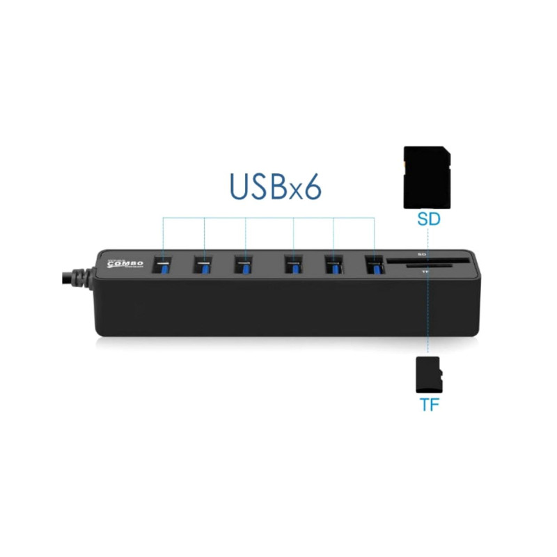 Хаб USB 2.0/3.1 Combo 6-ти портовий живлення від USB з картридером блістер