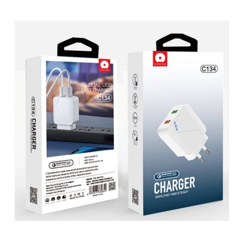 Адаптер сетевой WUW-C134  USB QC 3.0 +USB 2.1A White